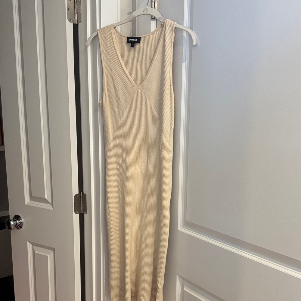 Express V-Neck Ribbed Midi Dress in Cream